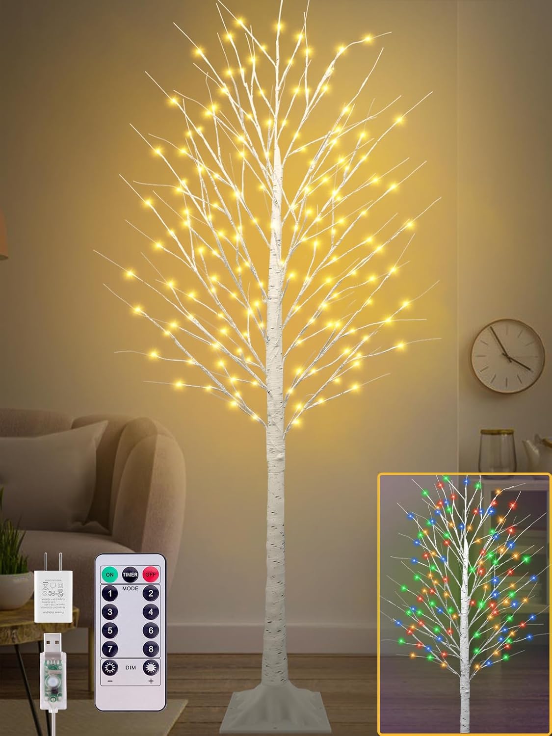 TiYiViRi 7FT Lighted Birch Tree with 170 LEDs Warm White and Multicolor Lights, 8 Functions Remote Faux Lig