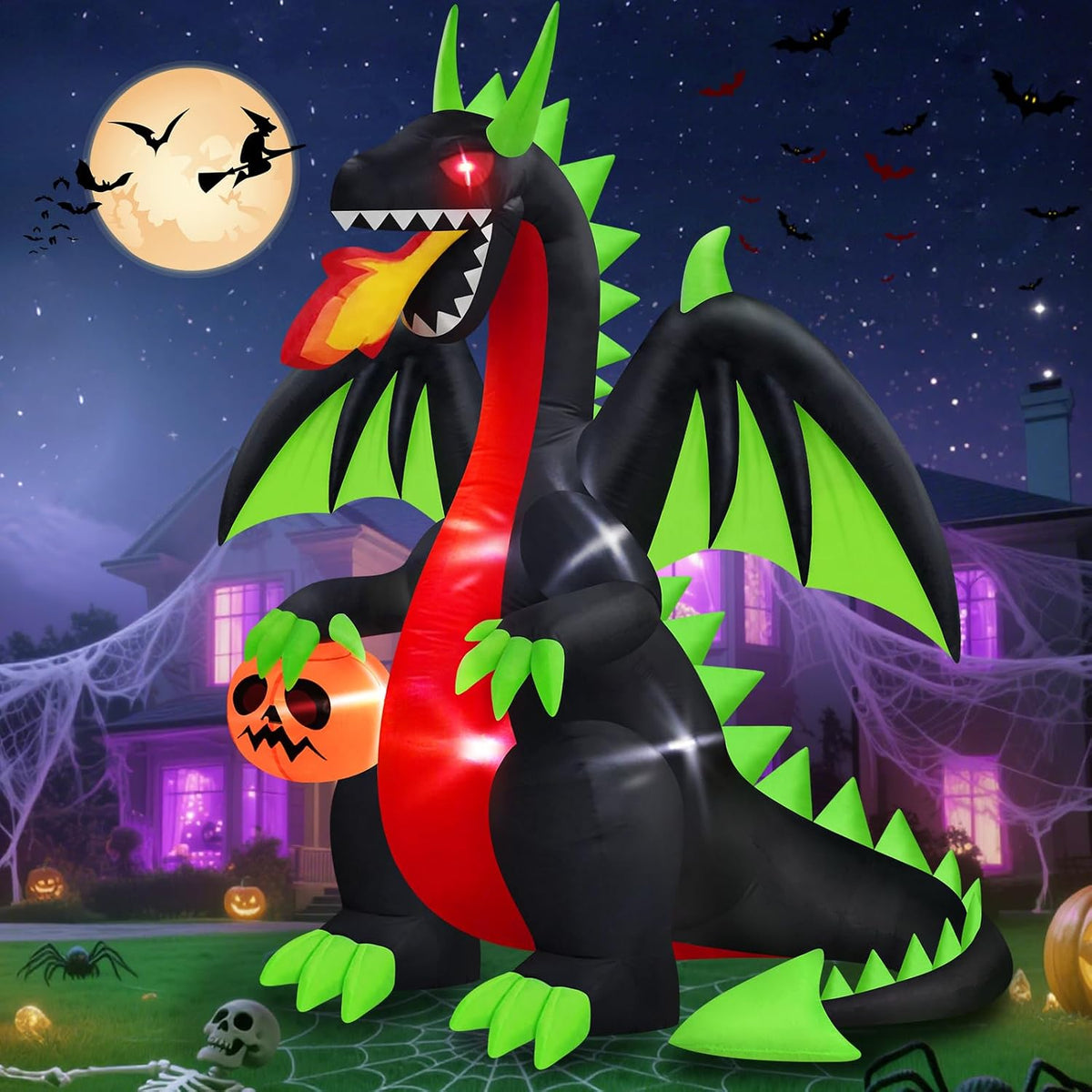 8FT Halloween Inflatables Outdoor Dragon Holding Pumpkin with Red Eyes / Built-in LEDs, Giant Size, Easy Se