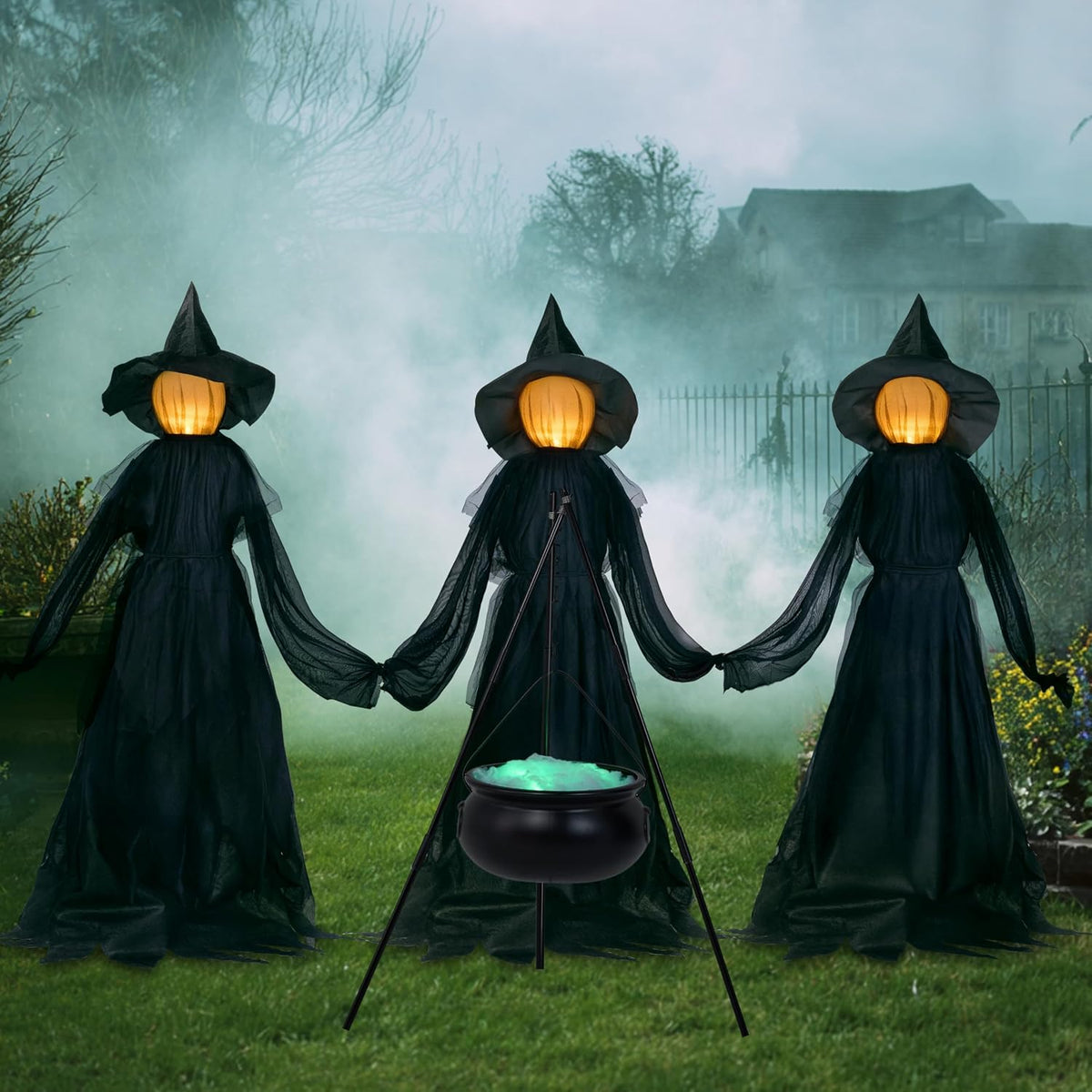 JOYIN 5 FT Halloween Witch Decorations Outdoor, Set of 3 Light Up Holding Hands Witches with Cauldron Yard