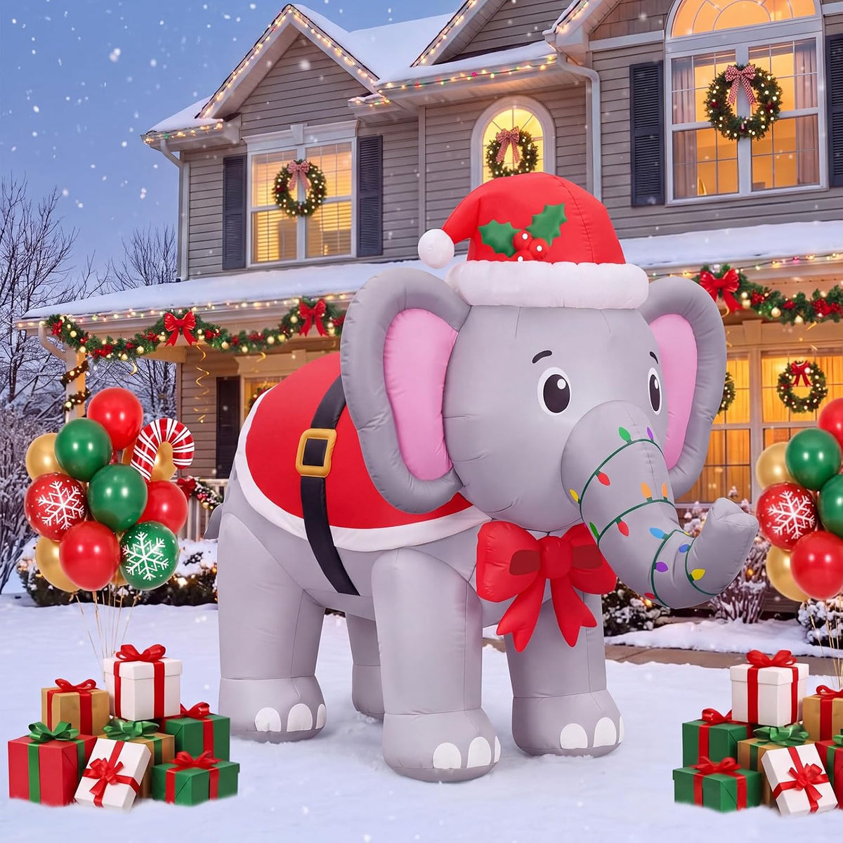 Sosation 5ft Christmas Inflatable Elephant with LEDs Outdoor Yard Decor / Inflatable Santa Elephant, Blow up