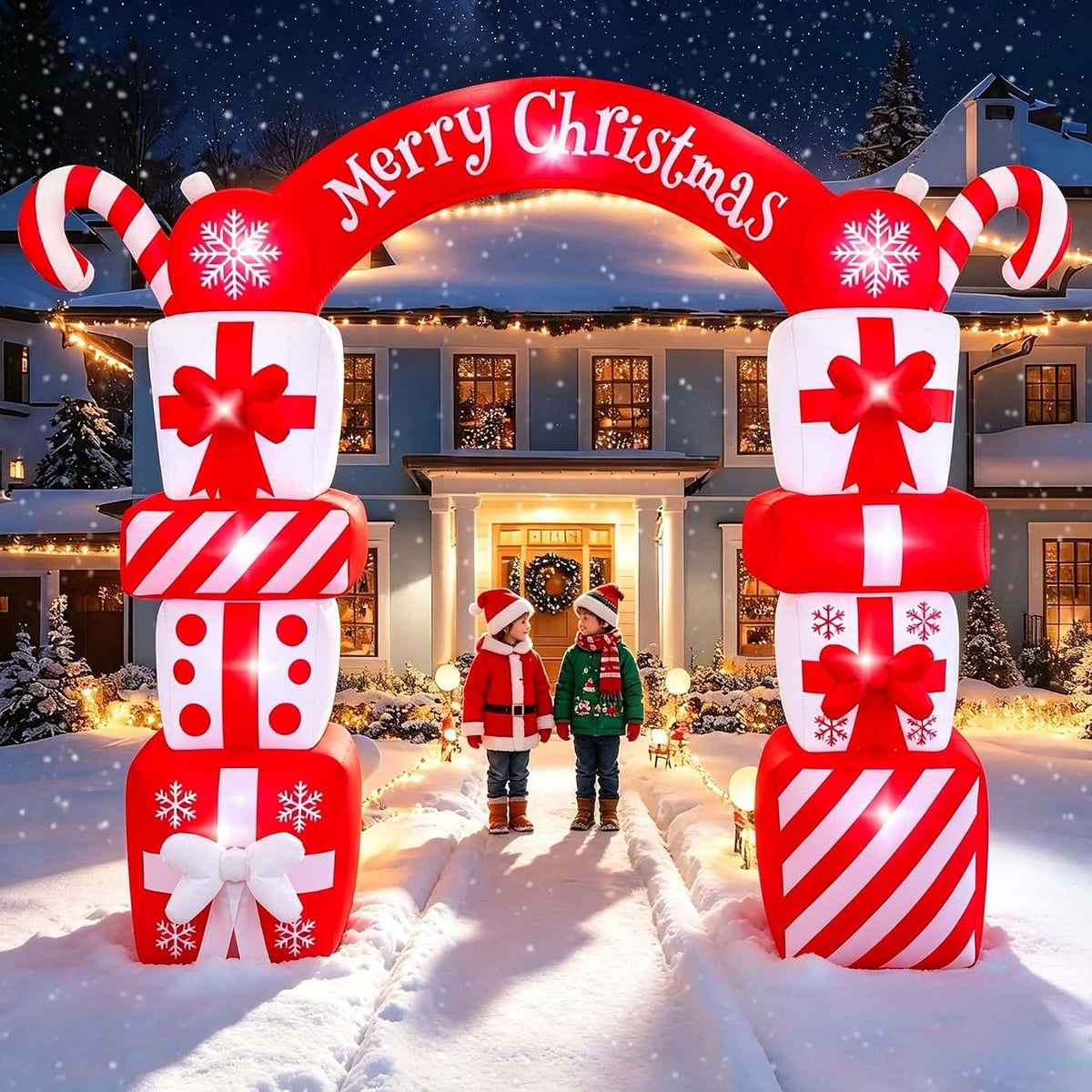 SEASONBLOW 8 FT Christmas Inflatable Gift Boxes Arch Decoration, Lights Blow Up Christmas Archway with Candy