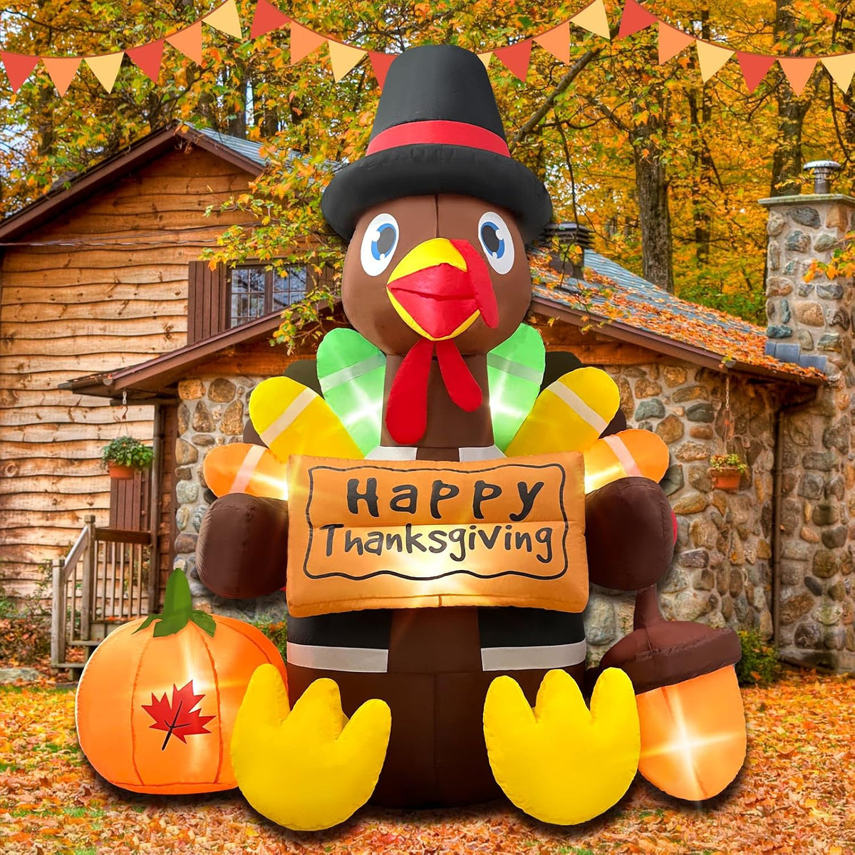 Opemon 6FT Thanksgiving Inflatables Turkey Blow Up with Built-in Led Lights for Outdoor Holiday Yard Lawn
