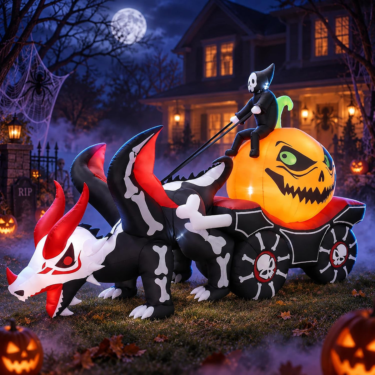 DearSun 9FT Halloween Inflatable Carriage, Grim Reaper & Skeleton Dragon / 9 ft blow up pumpkin carriage, s...