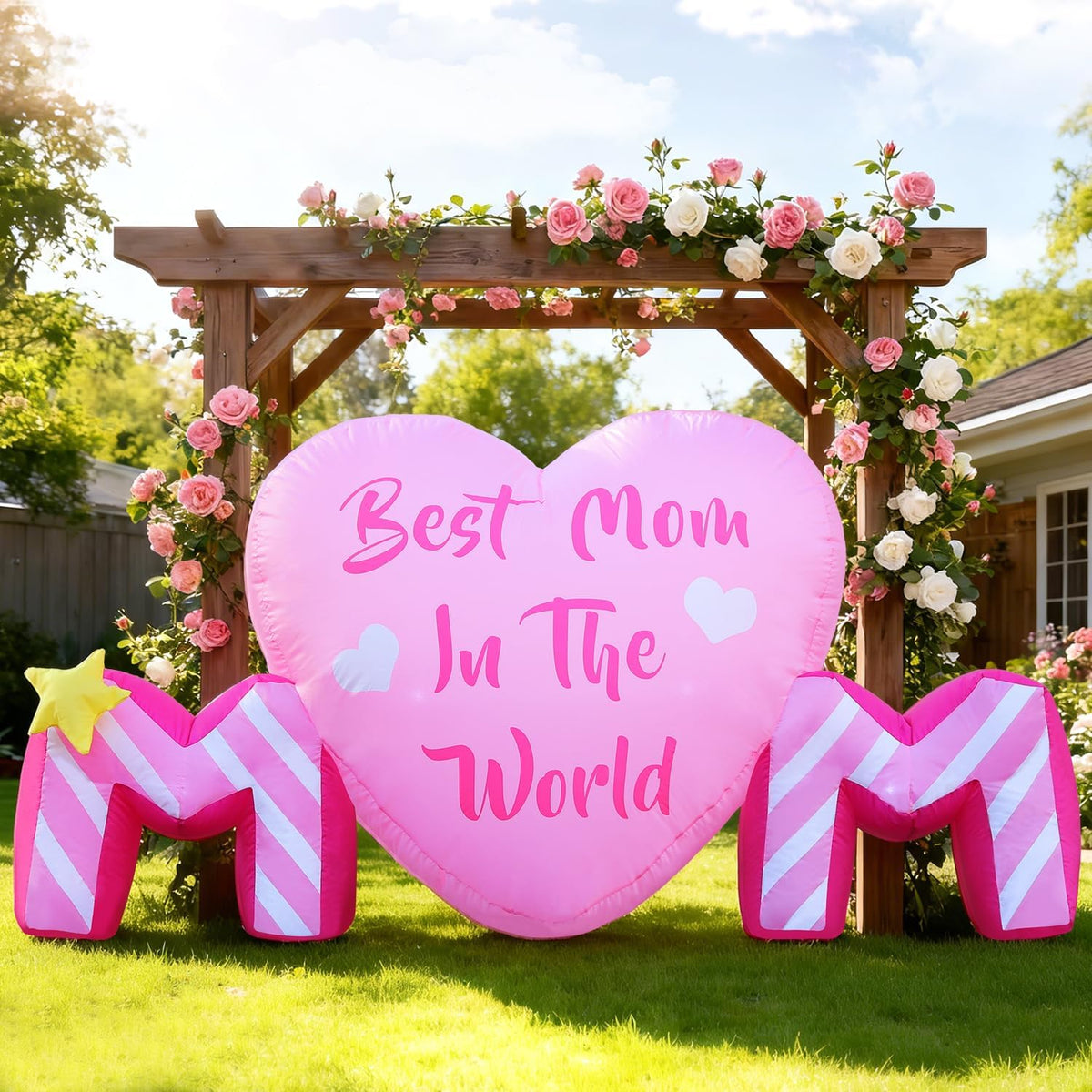 DomKom 6ft Mothers Day Inflatables Outdoor Decorations, Mother's Day Love Blow up, Build-in LED Lights for