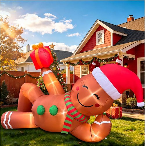 10FT Christmas Inflatable Lying Gingerbread Man, Cute Playful Smiling Gingerbread Blow Up Decoration with