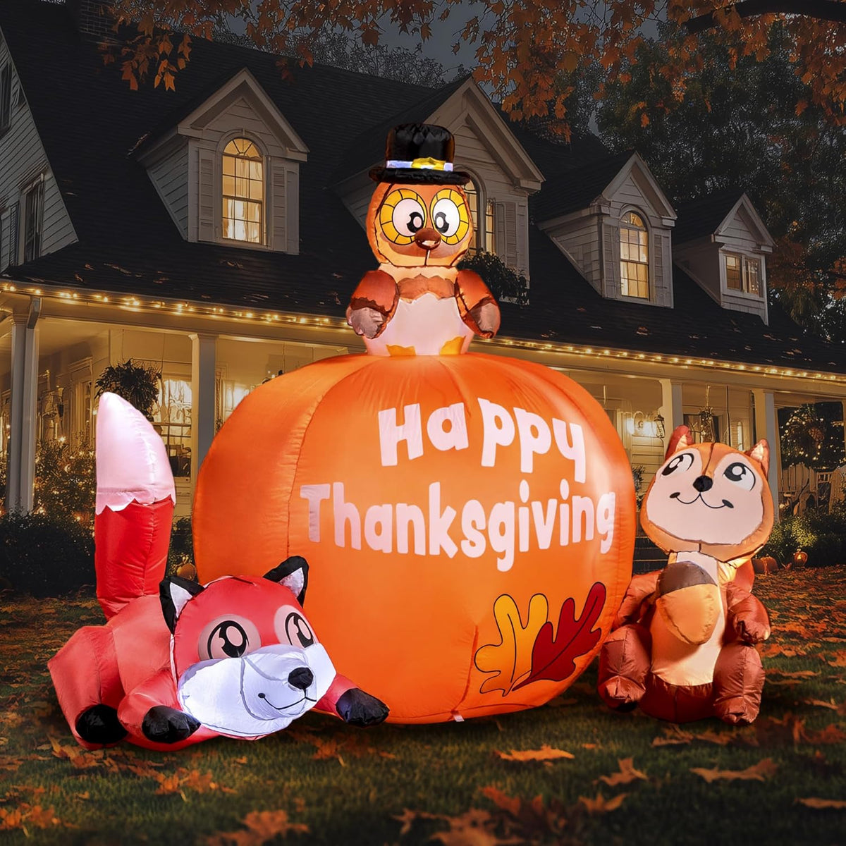 Joiedomi 6 FT Tall Thanksgiving Inflatable Turkey on Pumpkin, Racoon and Squirrel with Build-in LEDs Blow Up